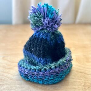 Hand Knit Infant Pom Pom Beanie | Blue Teal Purple | 0–12 Months